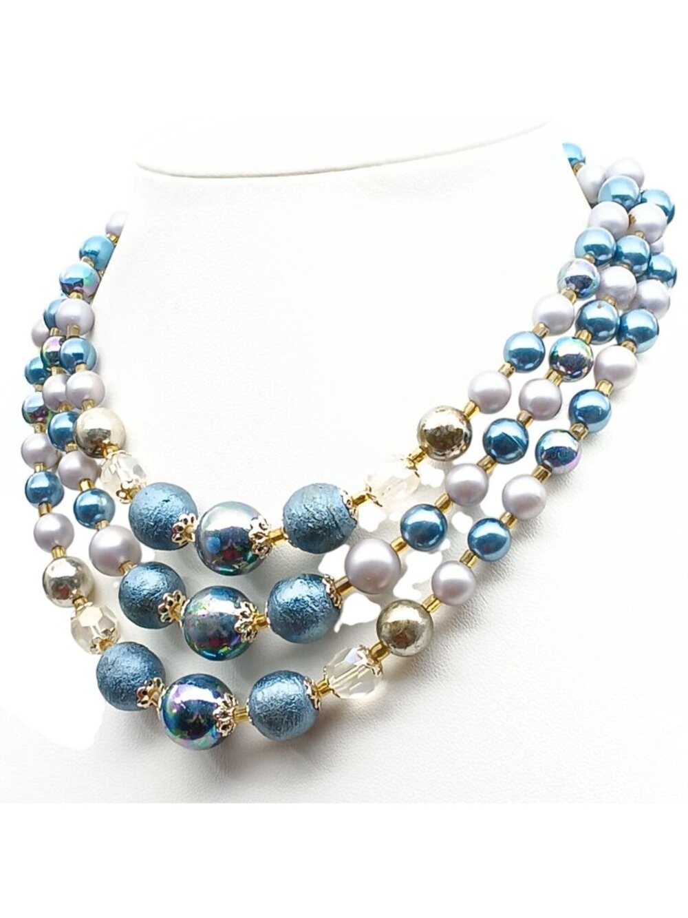 Vintage Multi-Strand Beaded Choker Necklace with Iridescent Blue Silver & Faux P